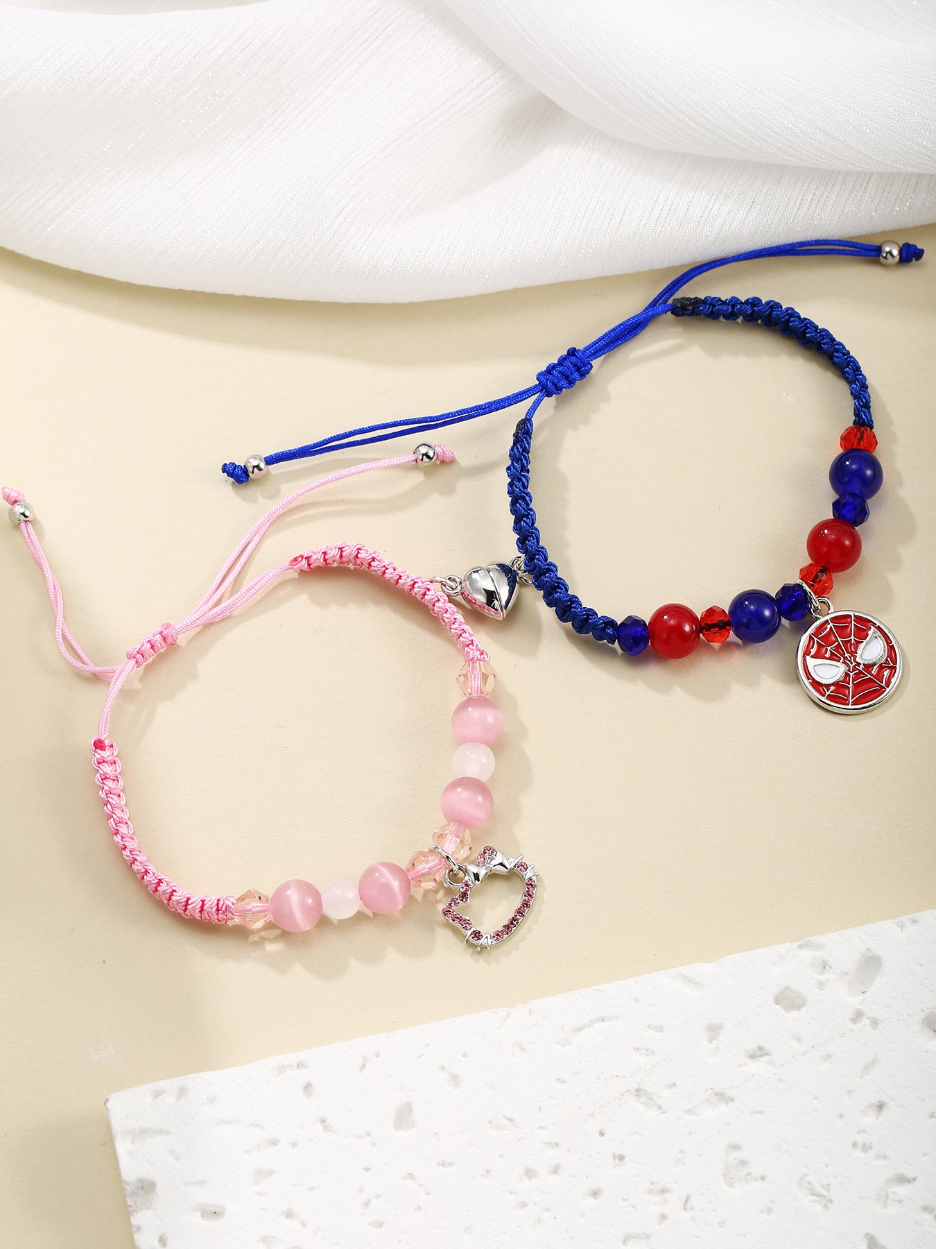 2Pcs Spider Man and Kitty Charm Bracelets Handmade Woven Bracelets