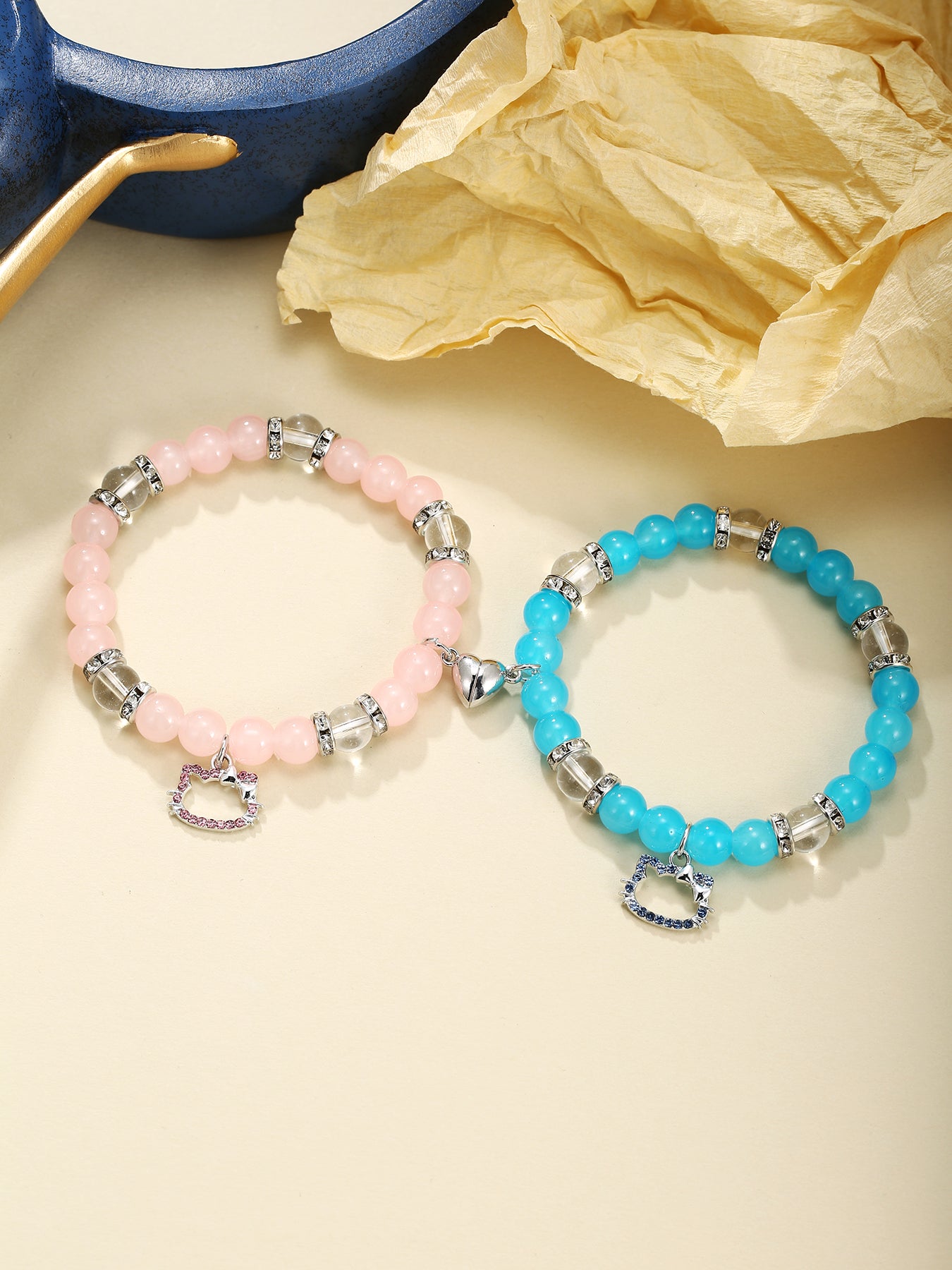 2Pcs Natural Stone with Cute Pandant Bracelets Friendship Bracelets Gift for Mom and Daughter