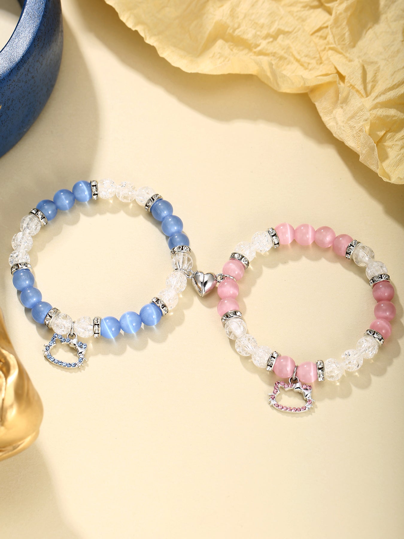 2Pcs Natural Stone with Cute Pandant Bracelets Friendship Bracelets Gift for Mom and Daughter