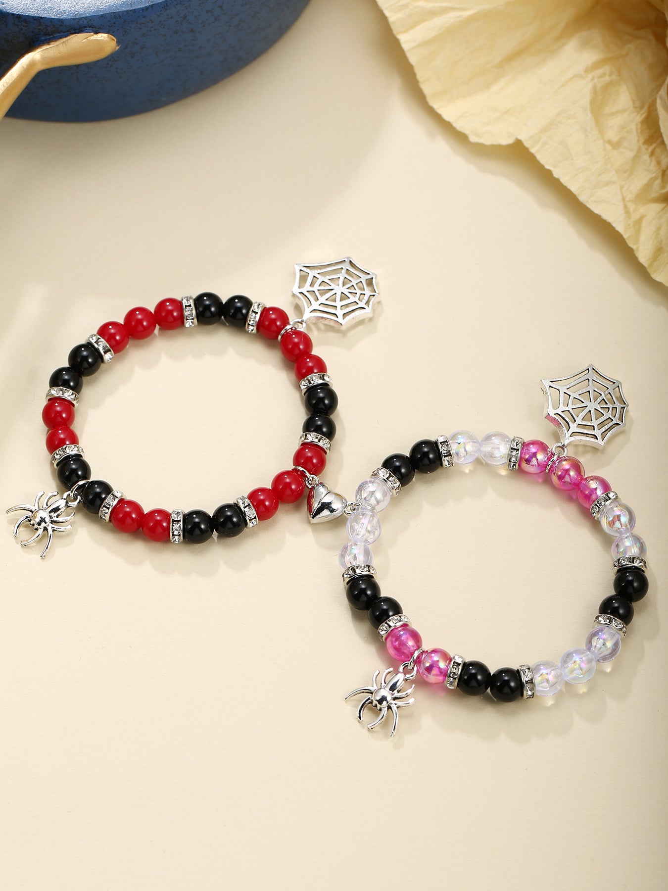 2Pcs Fashionable Beads Bracelets with Spider Charm Lover Bracelets Friendship Bracelets